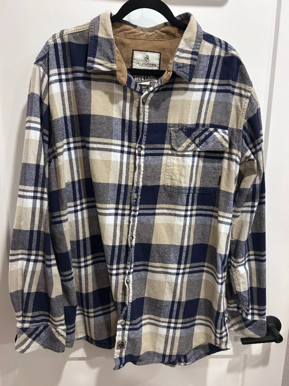Legendary Whitetails Buck Camp Flannel Shirt Mens XLT Navy Tan Plaid Corduroy